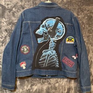 Upcycled Reworked Denim Jacket XL Hand Sewn Patches Skeleton Back Patch Goth
